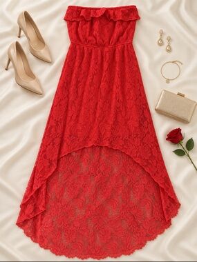 Trixxi Red Strapless Lace Hi-Low Dress